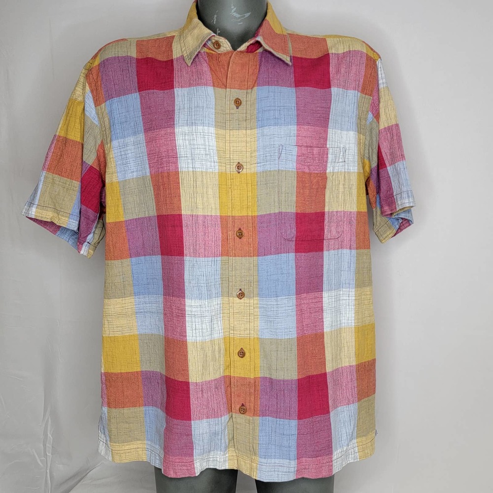 Orvis Chambray Shirt XL Red Blue Yellow Patch Plaid Men's Colorful Casual Pocket